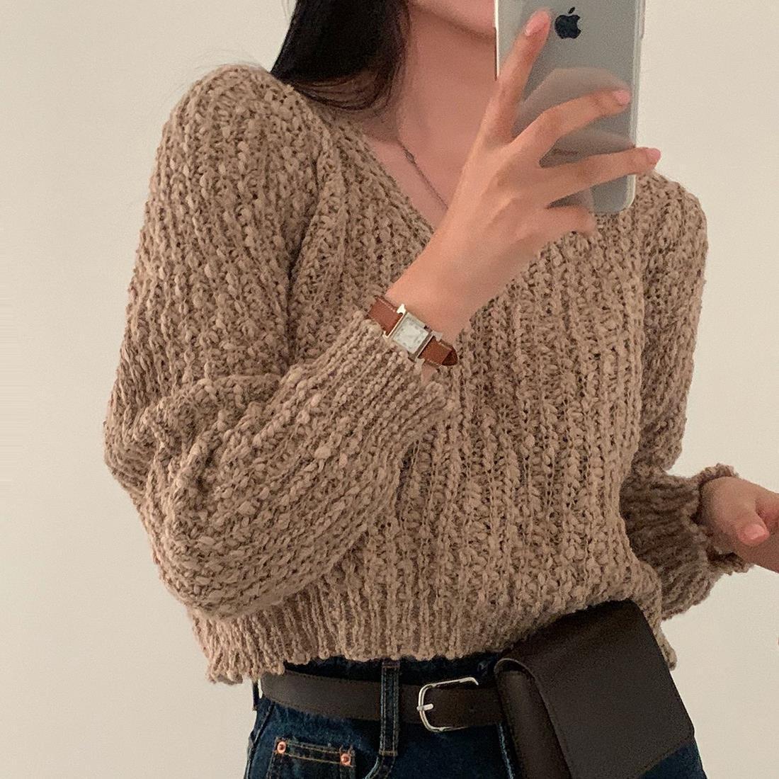 Korean Style Retro V-neck Short Long Sleeve Knitted Sweater