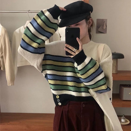 Color Vintage Stripe Crew Neck Pullover Sweater Contrast Color Knitwear