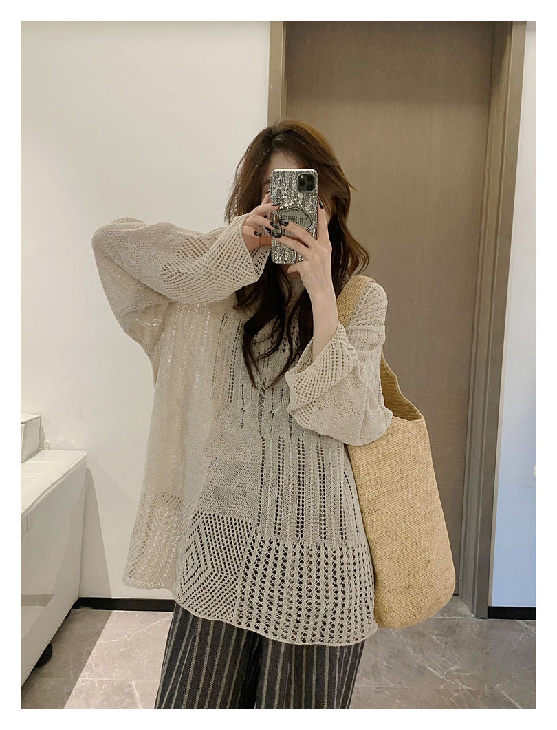 Idle Style Knitted Cardigan Thin Long Sleeve Round Neck Camisole Outer Wear