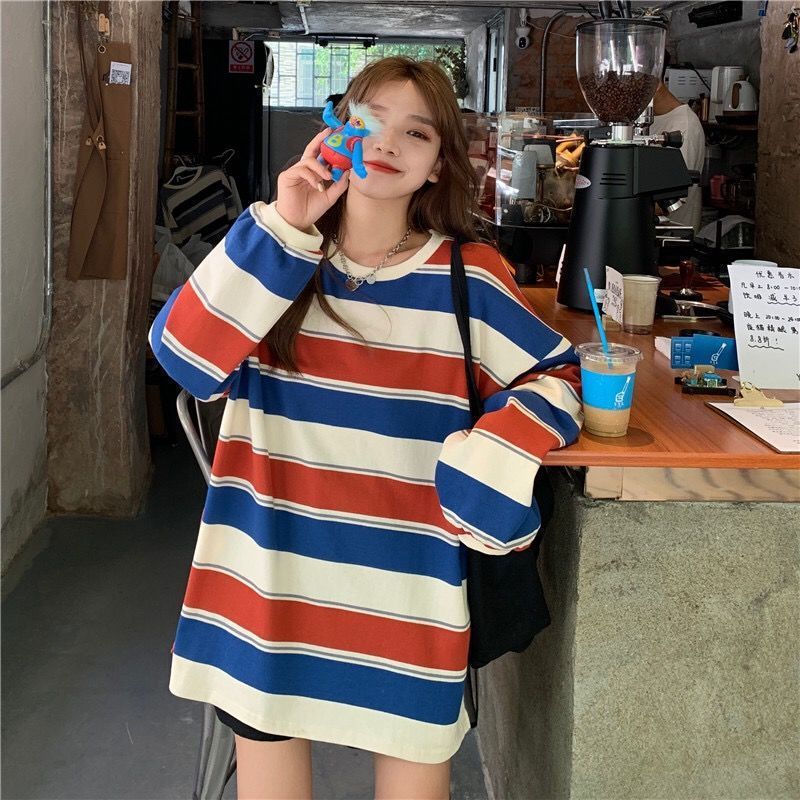 New Korean Style Loose-fitting Striped Long Sleeves T-shirt For Women