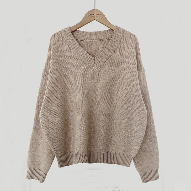 South Korea Basic Style V-neck Pullover Sweater Thermal Knitting