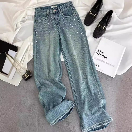 Starry Diamond In The Debris Rhinestone Straight Jeans For Women