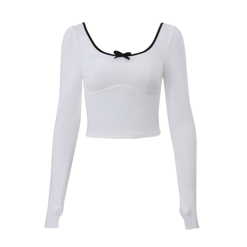 Crop Top manga larga con lazo y cuello redondo para mujer