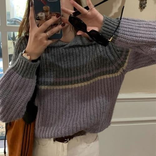 Women's Contrast Color Knit Casual Sweater