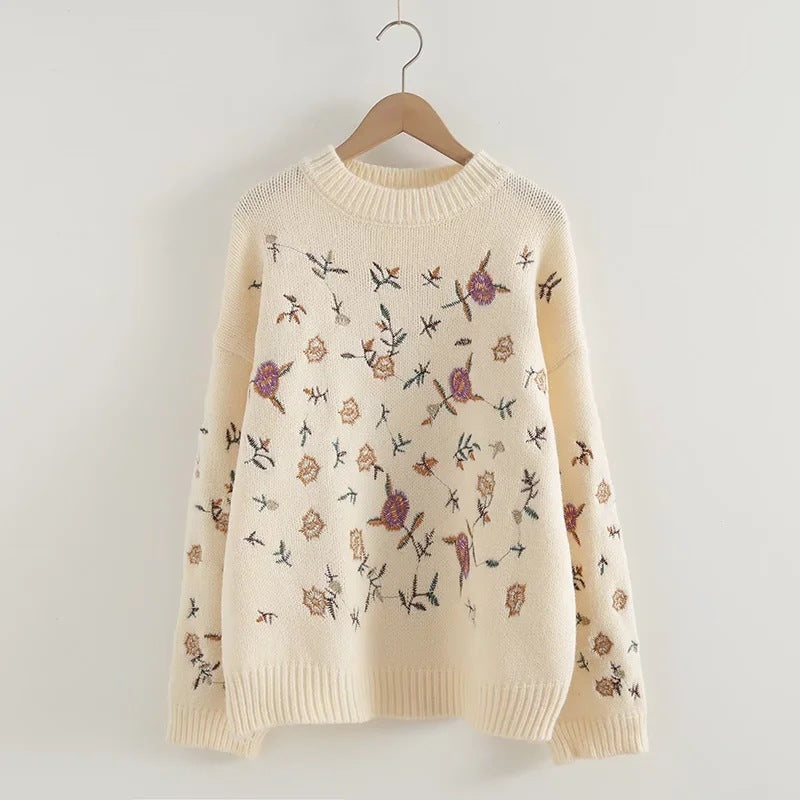 Autumn Winter Retro Embroidered Long Sleeve Crew Neck Pullover Sweater