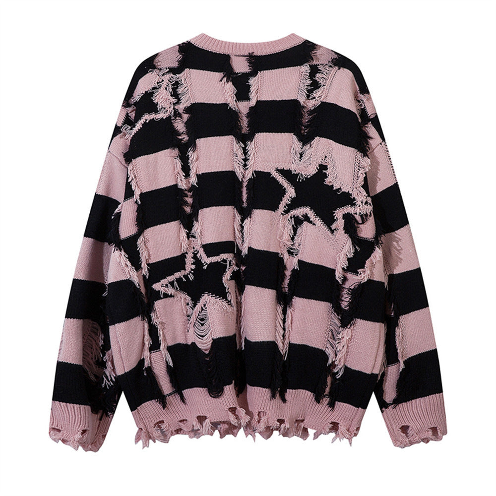 Loose Striped Ripped Round Neck Sweater