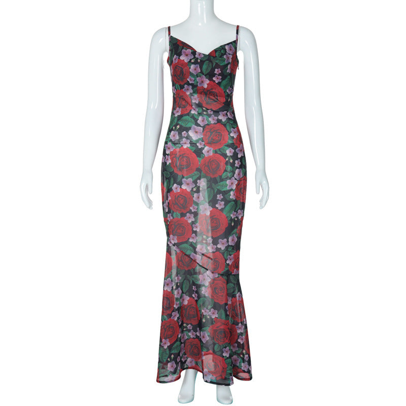 All-matching Slim Fit Long Printing Slip Dress Women