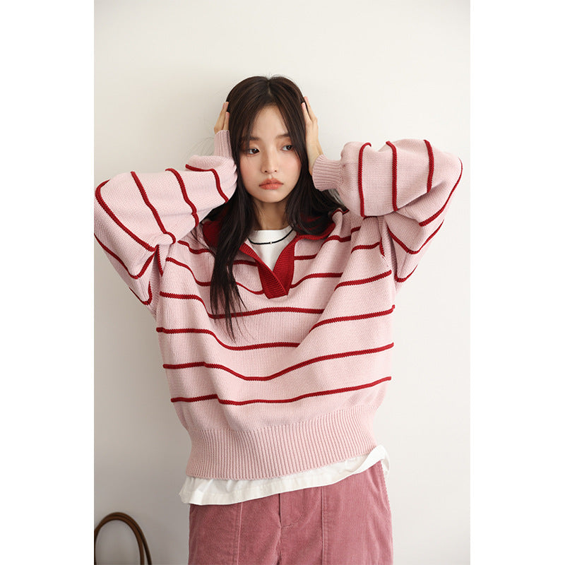 Polo Collar Loose Three-dimensional Striped Sweater