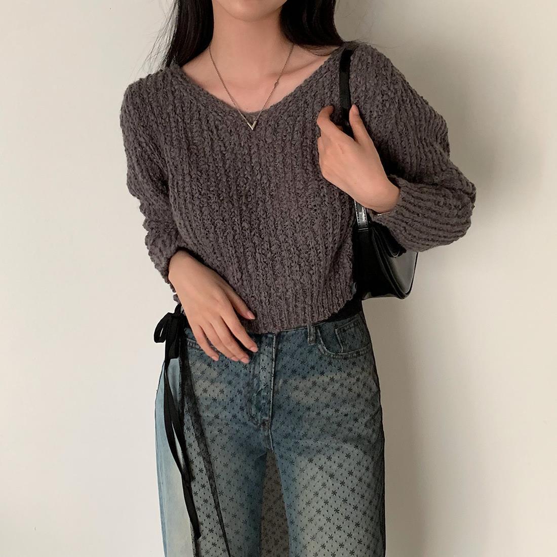 Korean Style Retro V-neck Short Long Sleeve Knitted Sweater