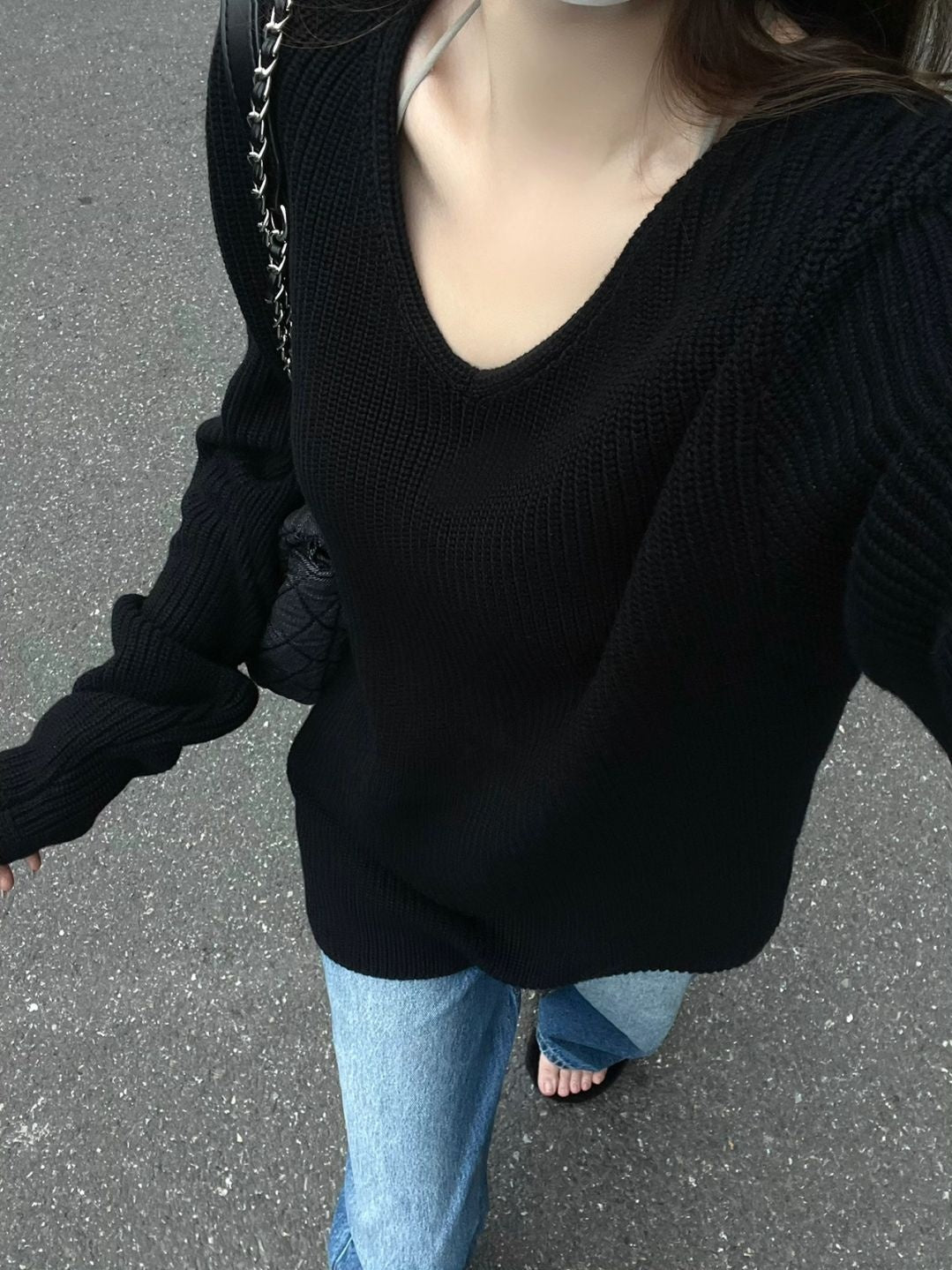 Loose V-neck Black Sweater Women's Sweater Outerwear Top