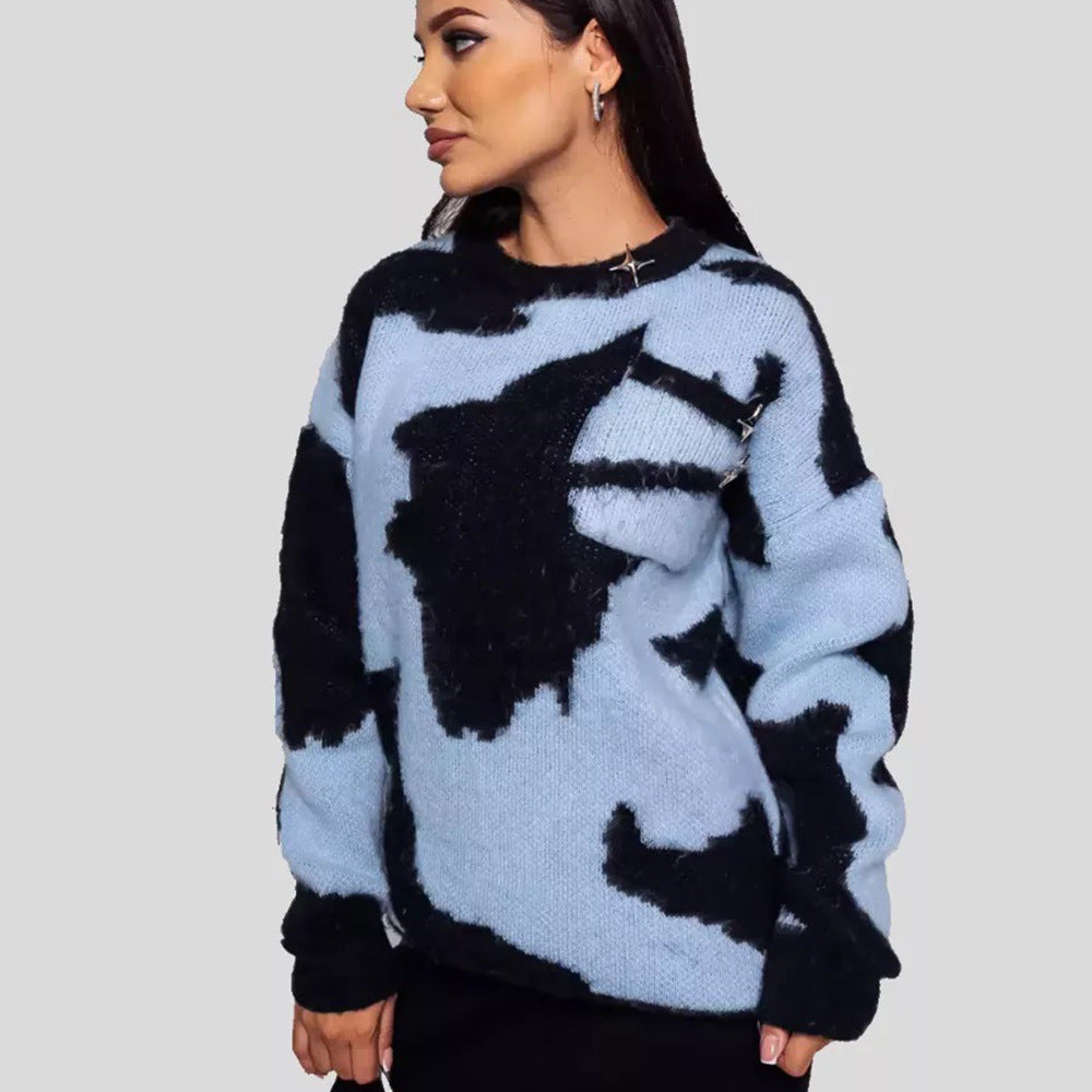 Contrast Color Round Neck Plus Size Women's Loose Sweater