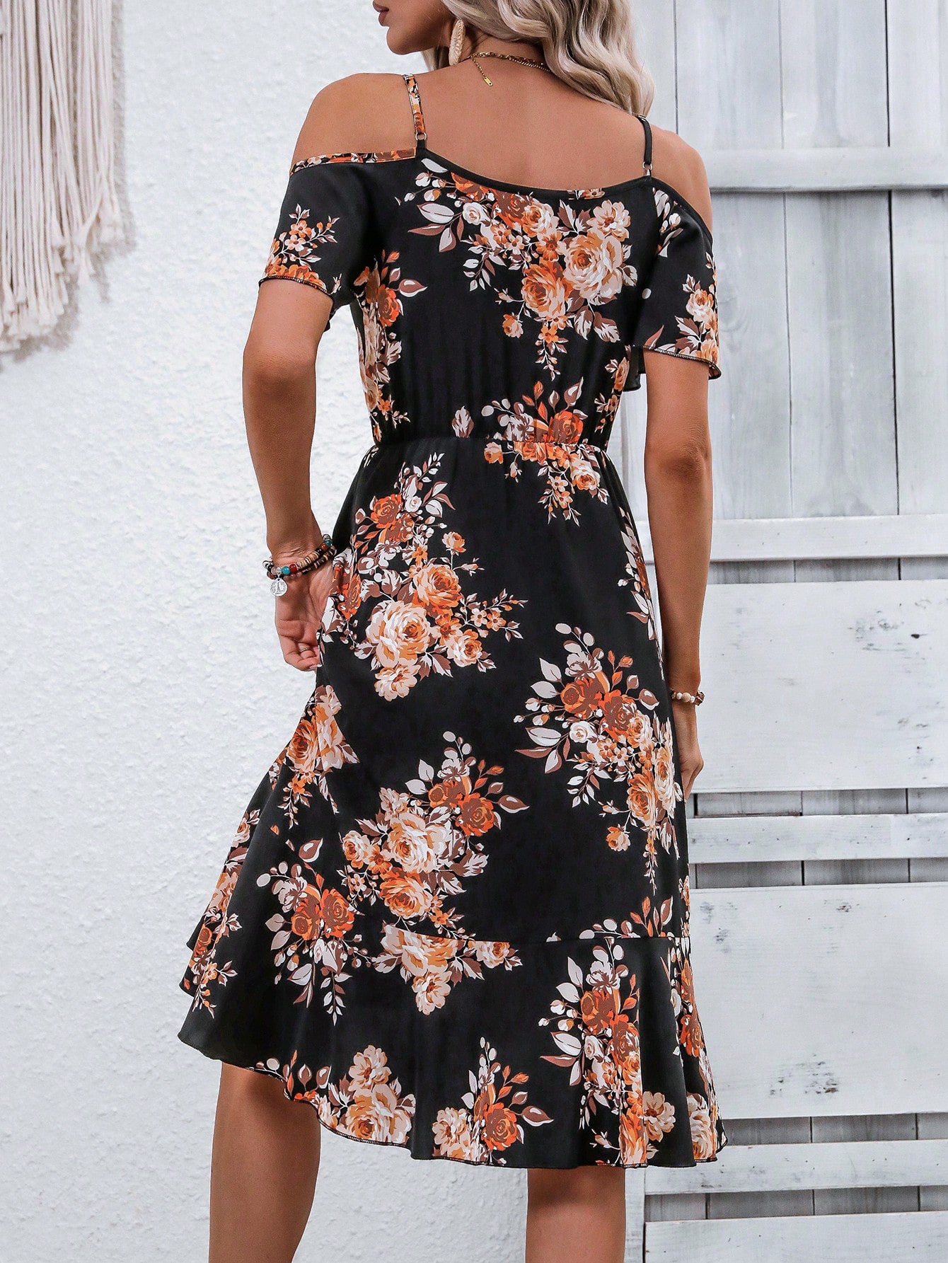 Off-neck Summer Printed Elastic Waist Sling Dress