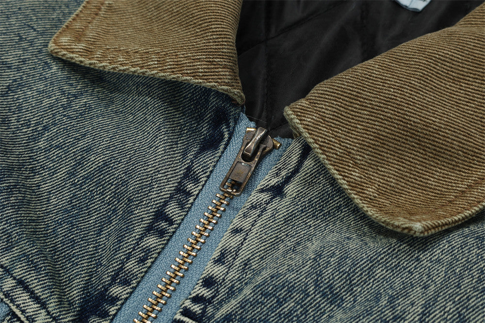 Color Stitching Turnover Neck Denim Puffer Jacket