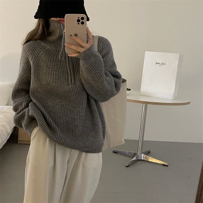 Lapel Sweater Turtleneck Zipper Pullover Sweater Coat Sweatshirt