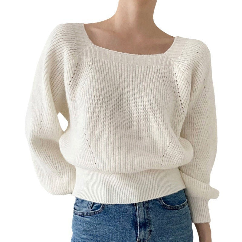 Retro Square Collar Off-shoulder Pullover Loose Casual Long Sleeves Knitwear