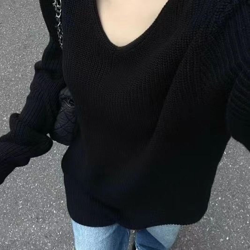 Loose V-neck Black Sweater Women's Sweater Outerwear Top