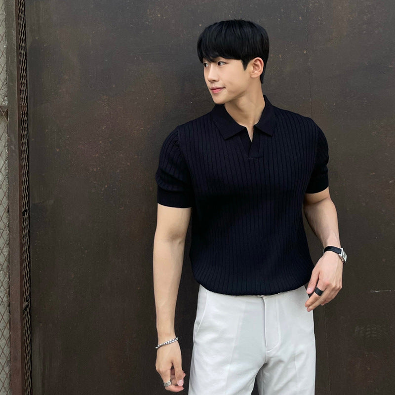 Summer Stripes Short Sleeve POLO Shan Men's Korean Slim Fit Lapel Solid Color Casual Thin Half Sleeve Trend Knitting Top