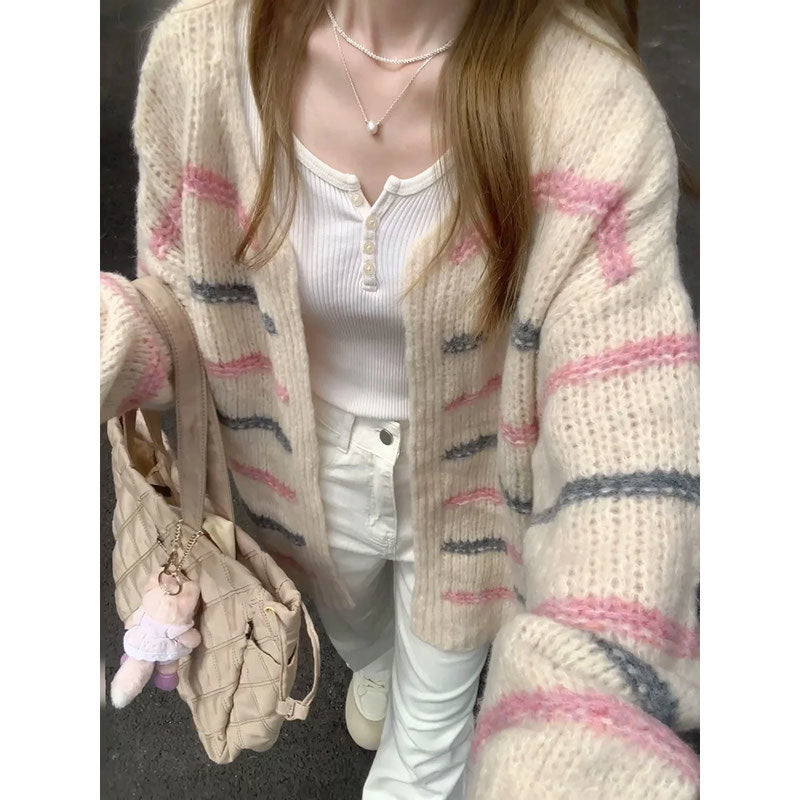 Sweet Idle Style Mid-length Long Sleeve Sweater Women's Autumn And Winter Loose Collar Rainbow