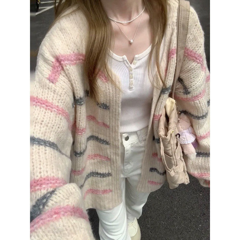 Sweet Idle Style Mid-length Long Sleeve Sweater Women's Autumn And Winter Loose Collar Rainbow