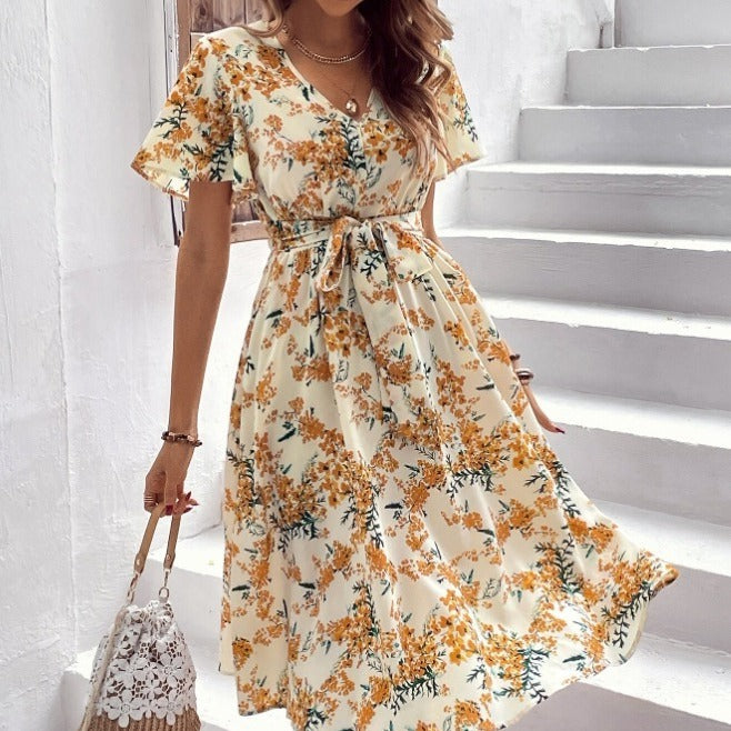 Women's Clothing Bohemian Spring And Summer Elegant Floral Print Lace-up Dress