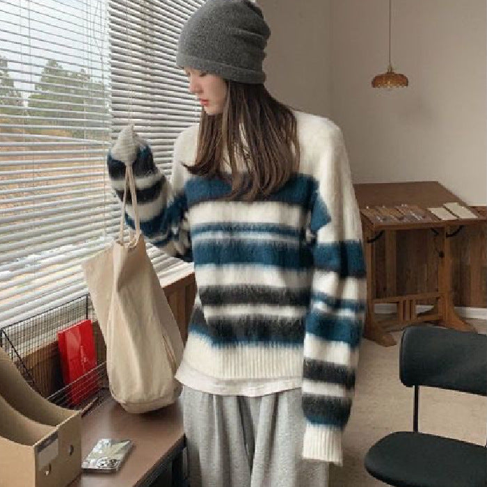 Idle Style Loose Soft Glutinous Striped Sweater For Women