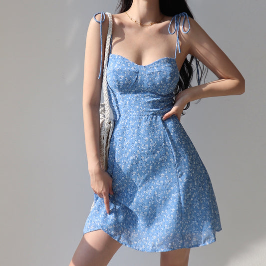 Retro Girl Blue Laced Floral Strap Dress A- Line Vacation Style