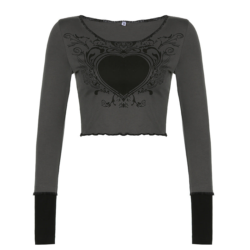 Crop top ondulado con cuello redondo y estampado de corazones ajustado de manga larga