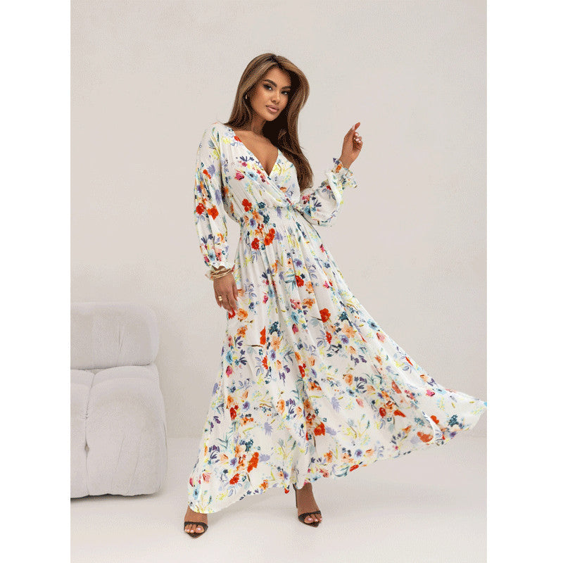 Women's Fashion Long Sleeve V-neck Split Print Dress