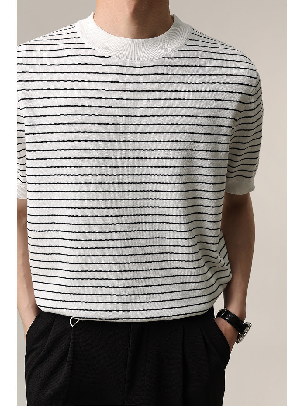 Advanced Trendy Heavy Loose Men's T-shirt Round Neck Striped