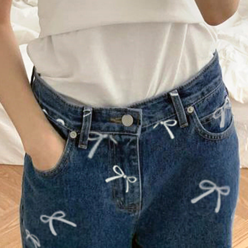 Girly Style Bow Vintage Print Loose Jeans