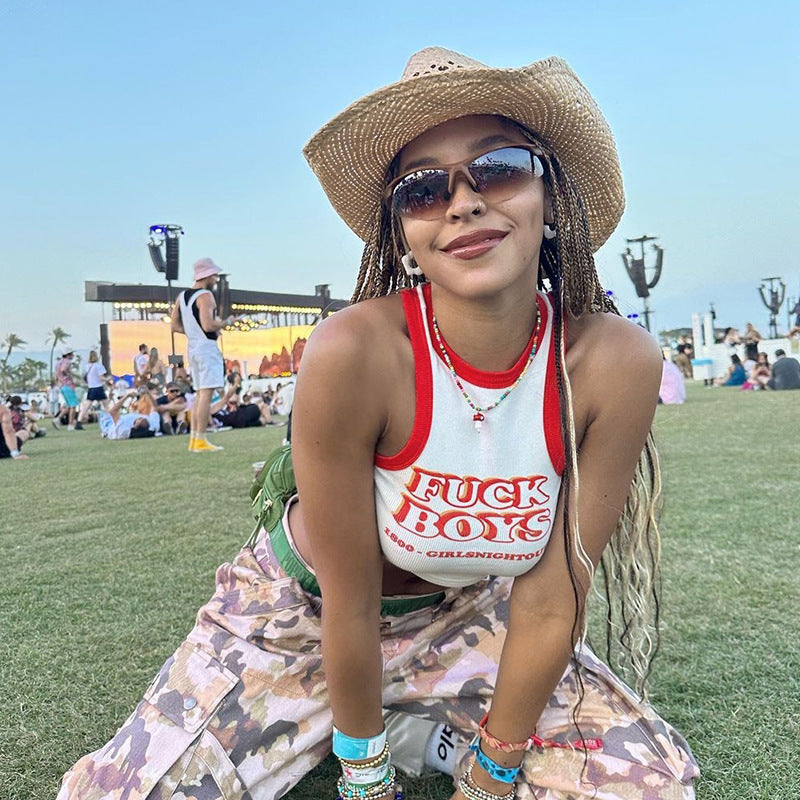 Crop Top con estampado de letras de punto retro para mujer