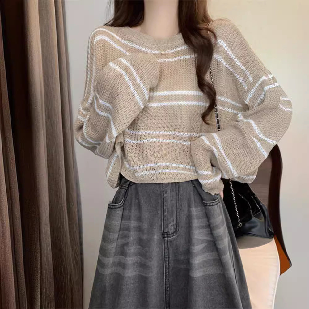 Striped Thin Sweater Loose Hollow-out Short Top