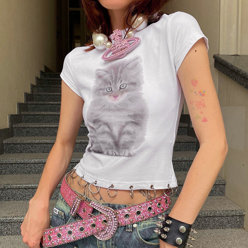 Kitten Round Neck Short Sleeve Ring T-shirt Top