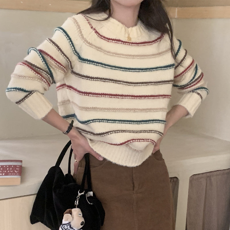 Colorful Striped Soft Glutinous Knitted Round Neck Pullover All-matching Long Sleeve Sweater