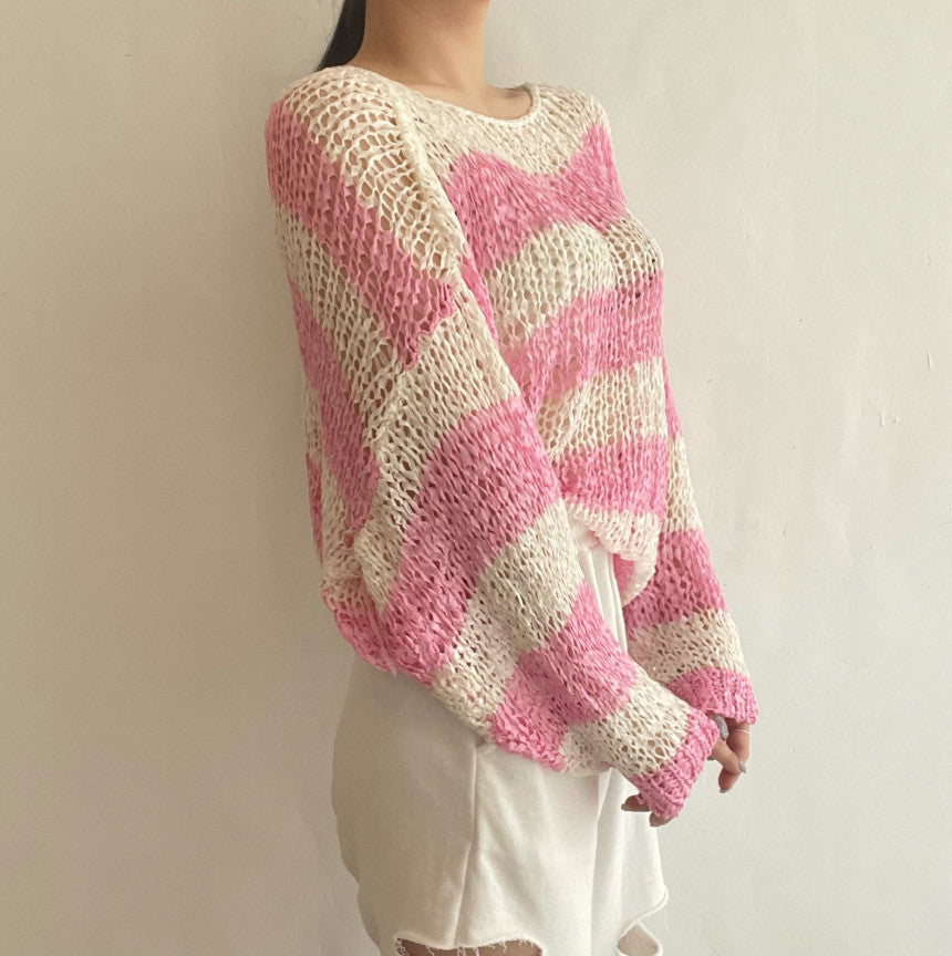 Off-shoulder Drop-shoulder Sleeve Mixed Color Stripe Hollow Sun Protection Thin Sweater