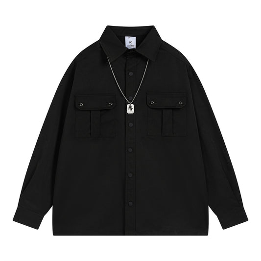 Men's High Street Fashion Loose Casual Pu Shuai Workwear Long Sleeve Shirt Coat