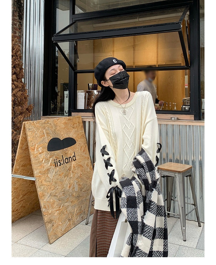 New Autumn And Winter Cream Bandage Sweater Women's Loose