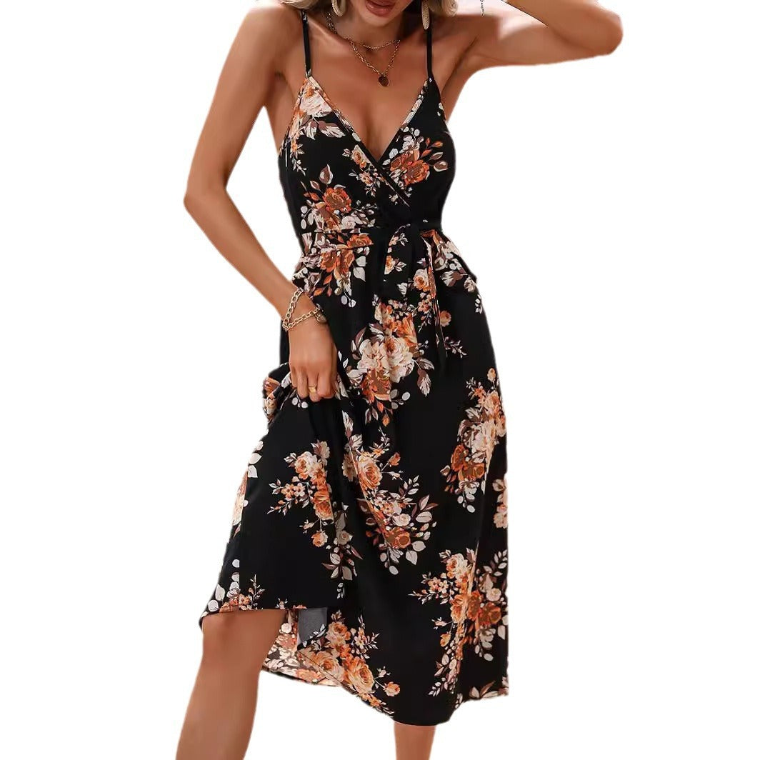 Women's Summer Printed Waist-controlled Sling Dress