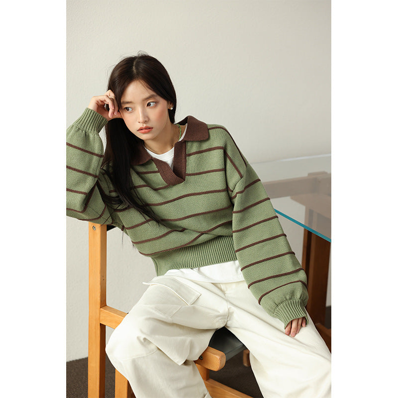 Polo Collar Loose Three-dimensional Striped Sweater