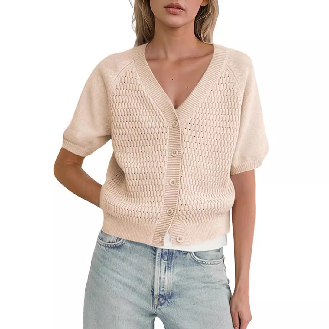 V-neck Hollow Short Button Down Puff Sleeve Shirt