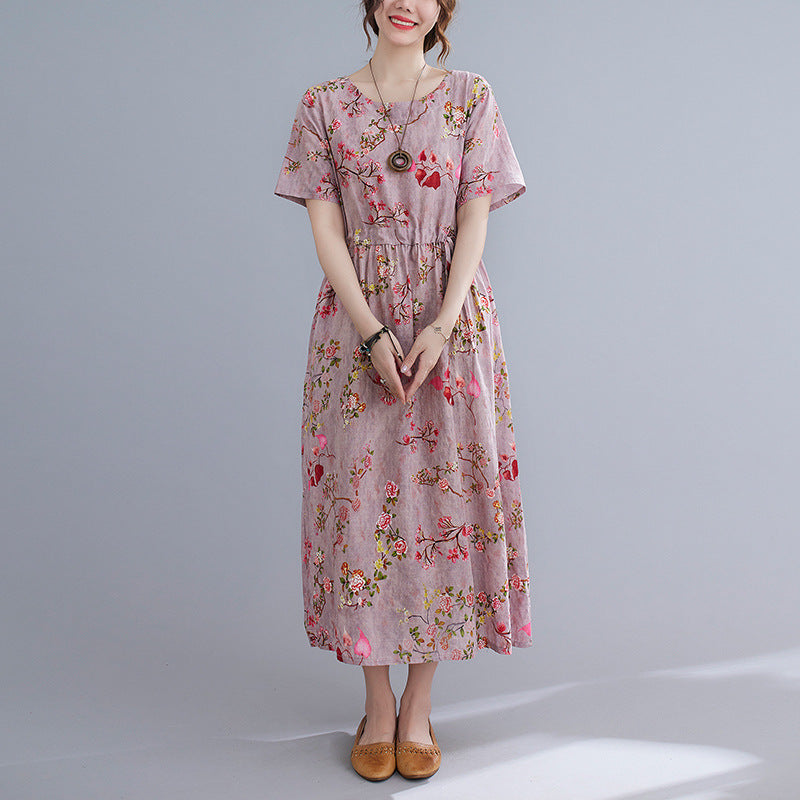 Summer Ethnic Style Plus Size Printed Belly Covered Thin Over The Knee Three-quarter Sleeve Women's Dress