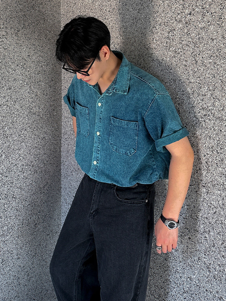 Retro Denim Short-sleeved Shirt For Men