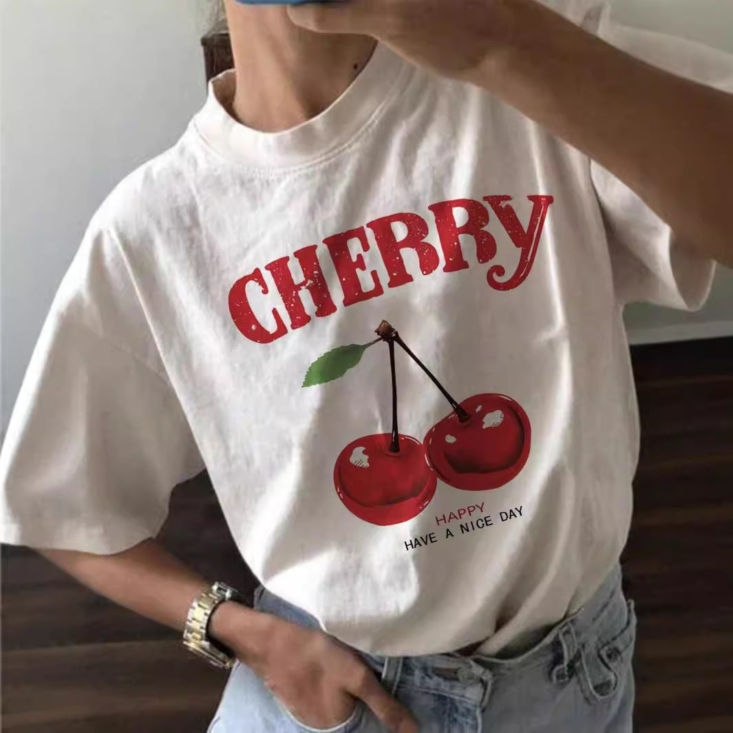 Oversized Cherry Print White Round Neck Short Sleeve