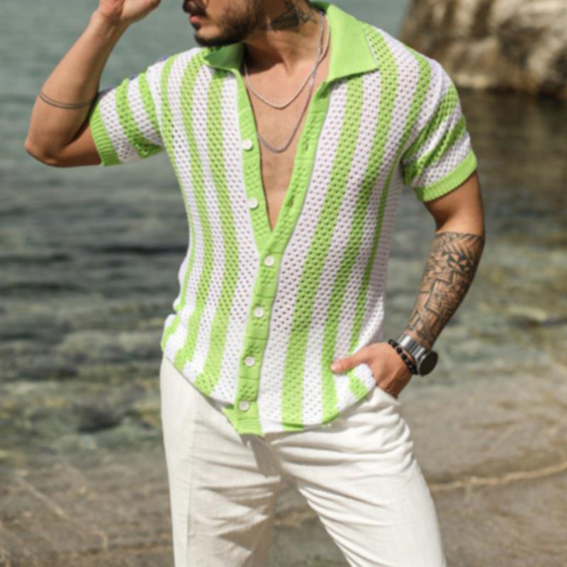 New Men's Casual Loose Striped Cardigan Polo Shirt Short Sleeve