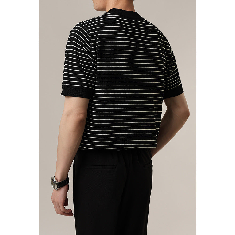 Advanced Trendy Heavy Loose Men's T-shirt Round Neck Striped