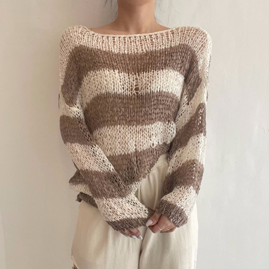 Off-shoulder Drop-shoulder Sleeve Mixed Color Stripe Hollow Sun Protection Thin Sweater