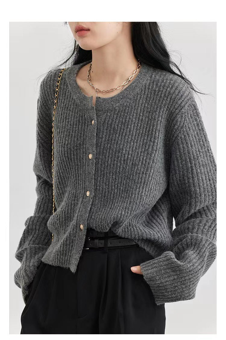 Autumn And Winter Simple Round Neck Knitted Cardigan