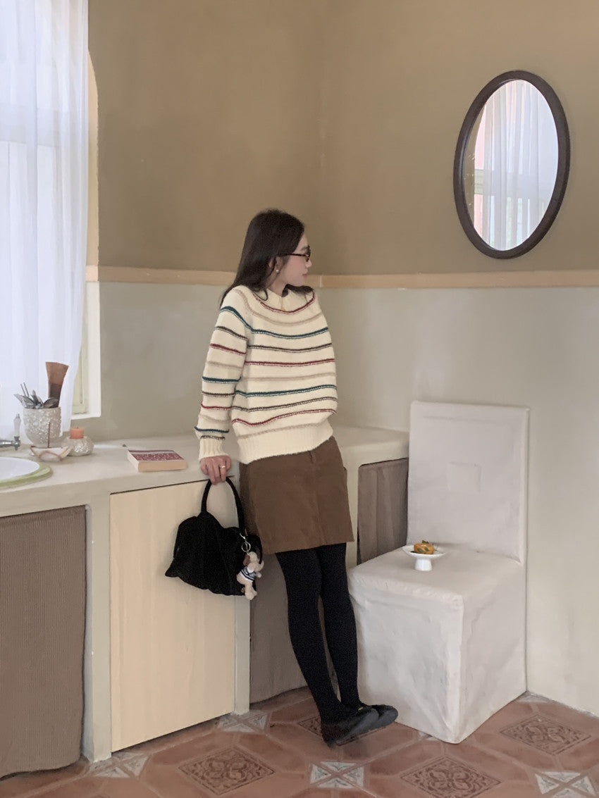 Colorful Striped Soft Glutinous Knitted Round Neck Pullover All-matching Long Sleeve Sweater