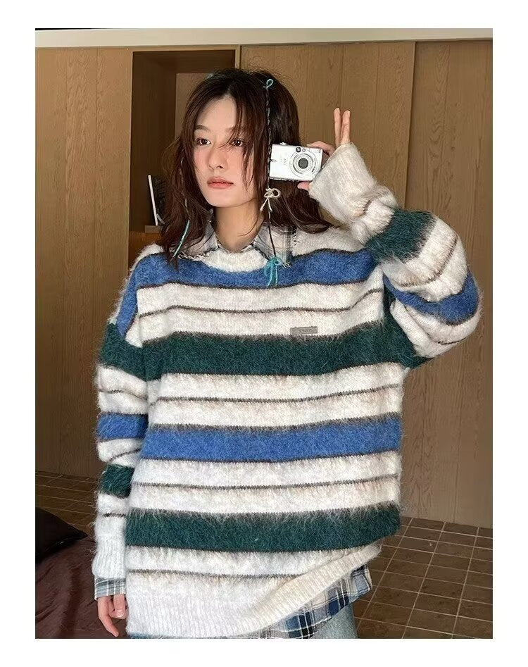 Retro Contrast Color Striped Lazy And Loose Sweater