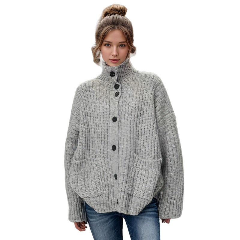 Button Design Stand Collar Sweater European And American Lapel Knitted Turtleneck Cardigan